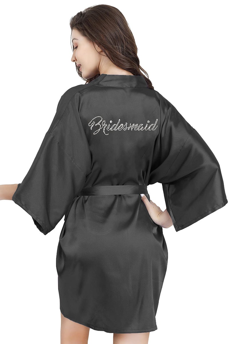 EPLAZA Women's One Size Silver Rhinestones Bride Bridesmaid Short Satin Robes for Wedding Party Getting Ready (Black, Bridesmaid) - Image 2